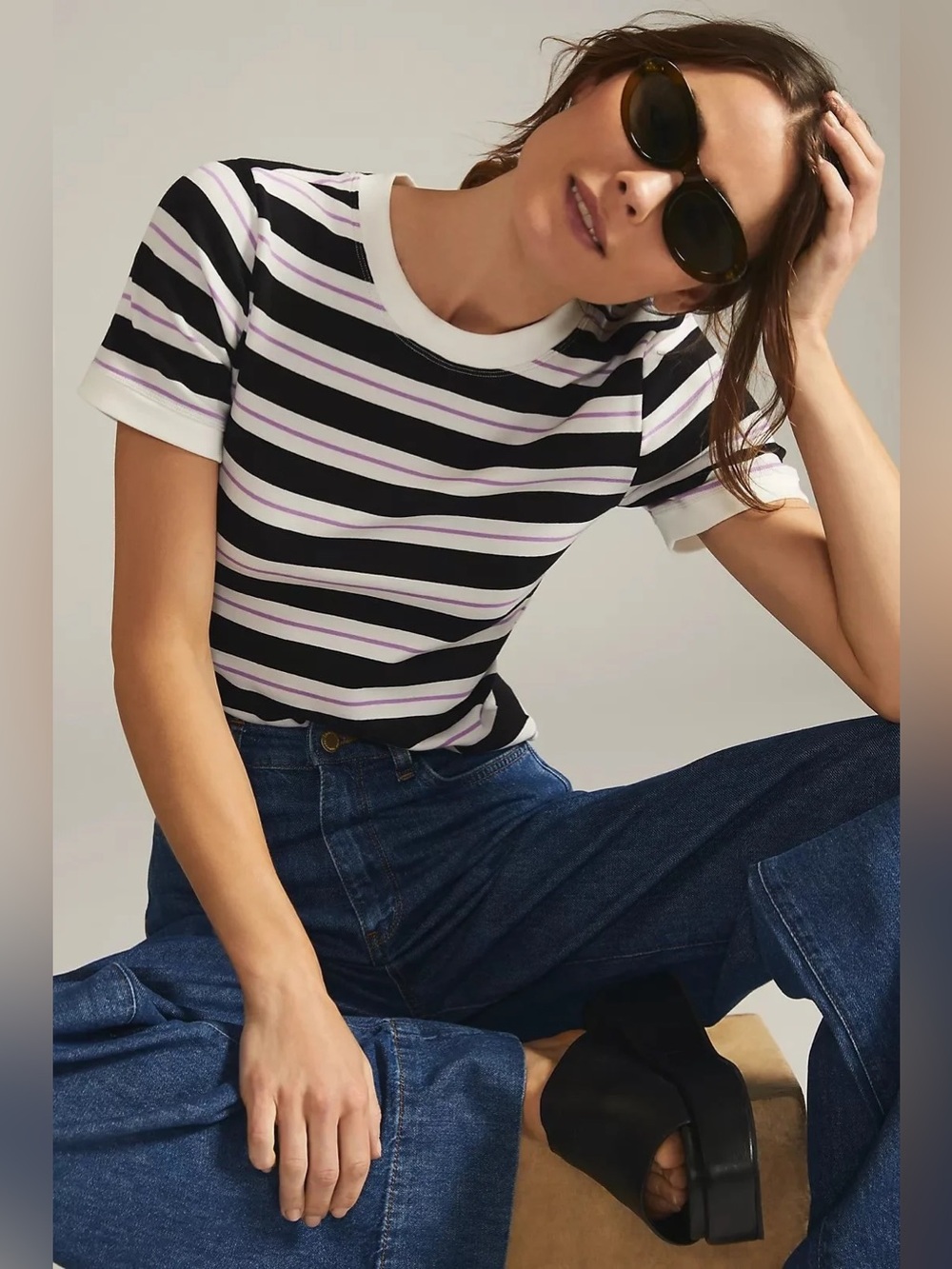 Maeve by Anthropologie Striped Crewneck T-Shirt Women’s Size Small Black Purple